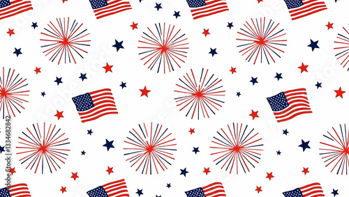 Flat Independence Day patriotic seamless tile pattern with flags fireworks stars and celebratory Americana concept as American flags fireworks and patriotic stars create a seamless pattern for Indepen
