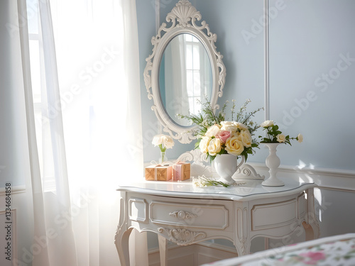 Elegant White Dressing Table in a Light-Filled Bedroom