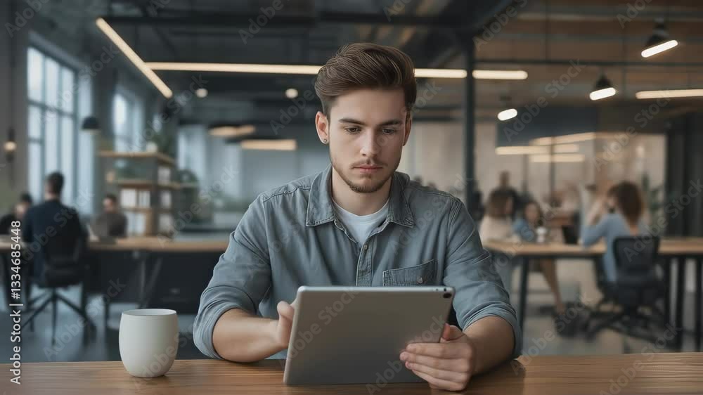 A young man intently uses a tablet in a modern workspace, with a mug beside him and blurred colleagues in the background. A young man intently uses a tablet in a modern workspace, with a mug beside him and blurred colleagues in the background.