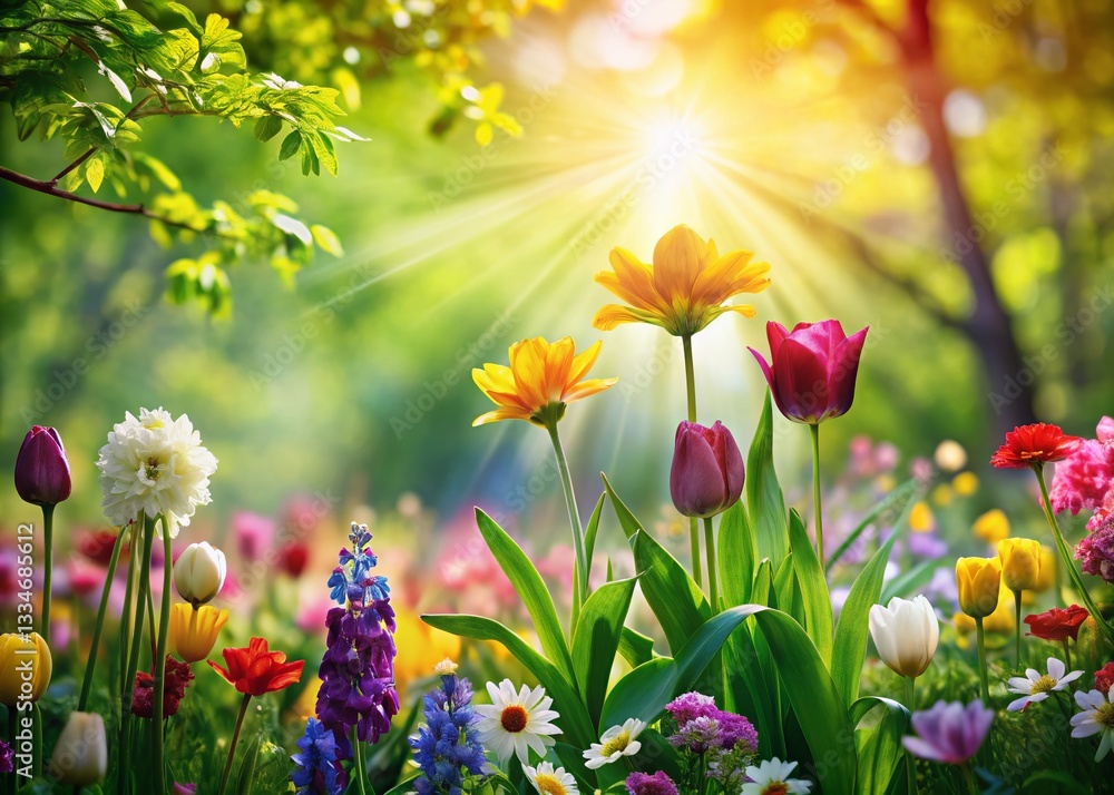 Fototapeta premium Springtime Joy: Blooming Flowers and Lush Green Meadow with Copy Space