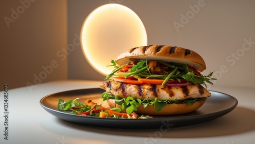 Mouthwatering grilled chicken sandwich with fresh vegetables and savory toppings plated in a dark setting.