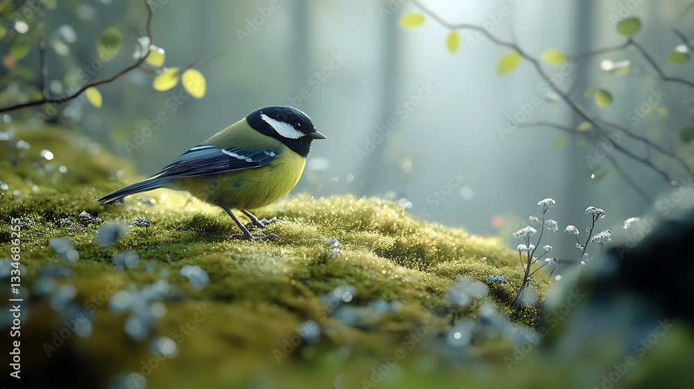 Great Tit in Misty Forest: A Serene Spring Morning Great Tit in Misty Forest: A Serene Spring Morning