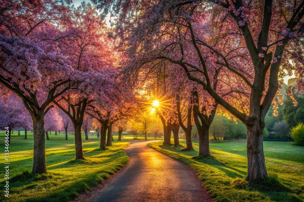 Naklejka premium Springtime Park Walk: Serene Morning Breeze, Low Light Photography
