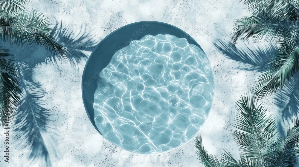 Crisp aerial view of a circular pool surrounded by green foliage and white surface.