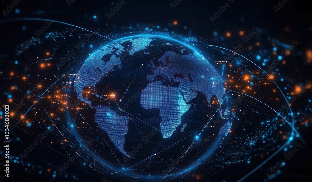 Obraz premium Futuristic Global Network Visualization with Data Points and Neon Lights