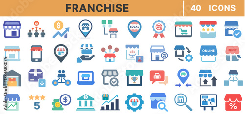 "Franchise Business Line Icons – Retail, Store Expansion, Marketing, Franchise Model, Investment, Business Growth, Strategy, Licensing, Editable Stroke, Vector Set"