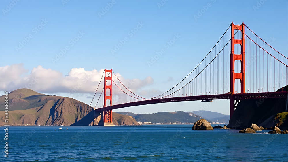 Obraz premium Explore the Stunning Flat Vector Illustration of the Iconic Golden Gate Bridge in San Francisco, USA - A Beautiful Depiction of Urban Landscape and Architectural Marvel in Travel Photography.