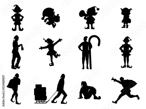 Set of Christmas Elf Silhouette in various poses isolated on white background