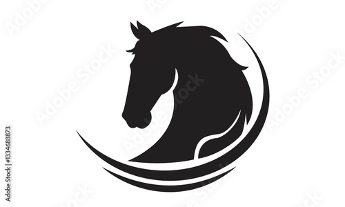 Horse logo template. Black and white silhouette of a horse head with a graceful mane. Elegant minimalist logo for branding, design and printing