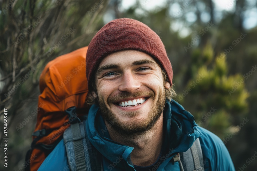Cheerful Scruffy Outdoorsy Man Enjoying Nature: Close-Up Portrait of an Adventurous Australian Hiker with a Toothsome Smile Cheerful Scruffy Outdoorsy Man Enjoying Nature: Close-Up Portrait of an Adventurous Australian Hiker with a Toothsome Smile