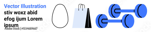 Egg outline, shopping bag, and dumbbells symbolizing nutrition, shopping, fitness, exercise, healthy habits, balanced lifestyle. Ideal for wellness dieting fitness plans retail healthy living