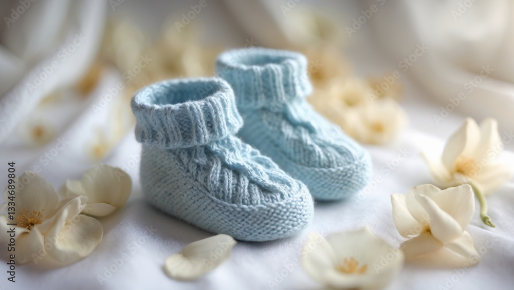 Obraz premium Delicate knitted baby booties in light blue surrounded by flower petals and soft lights