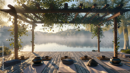 Holistic wellness retreat, tranquil sound healing retreat by a peaceful lake, with yoga mats and sound bowls set under a. tranquil sound healing retreat by a peaceful lake, with yoga mats and sound bo