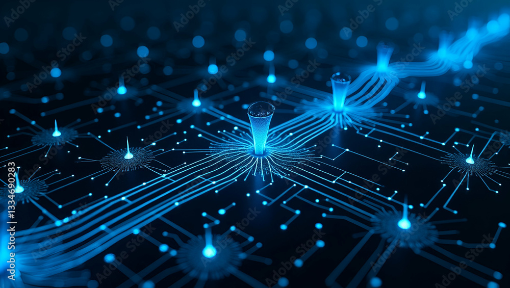 Obraz premium Futuristic Digital Mesh Pattern: Seamless Flat Design of Modular Circuit Nodes and Radiant Data Highways for Smart Business Connectivity in a Tiled Layout