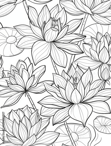 Elegant seamless pattern of water lilies and lily pads in detailed black and white line art, perfect for coloring pages, textile prints, and botanical backgrounds