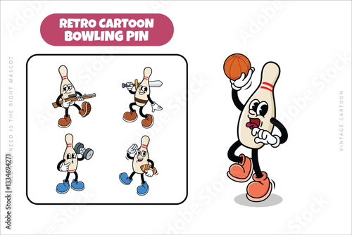 Set of Traditional Bowling Pin Cartoon Illustration with Varied Poses and Expressions