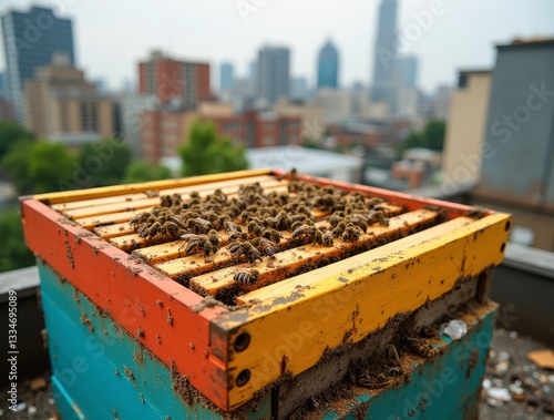 Urban beekeeping: colorful rooftop beehive promoting sustainable city farming