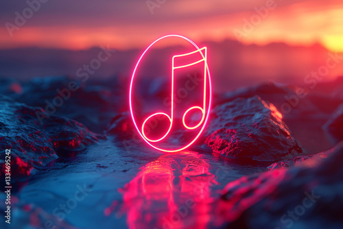 Neon 3D Music Note Vector with Glowing Circle and Dark Background