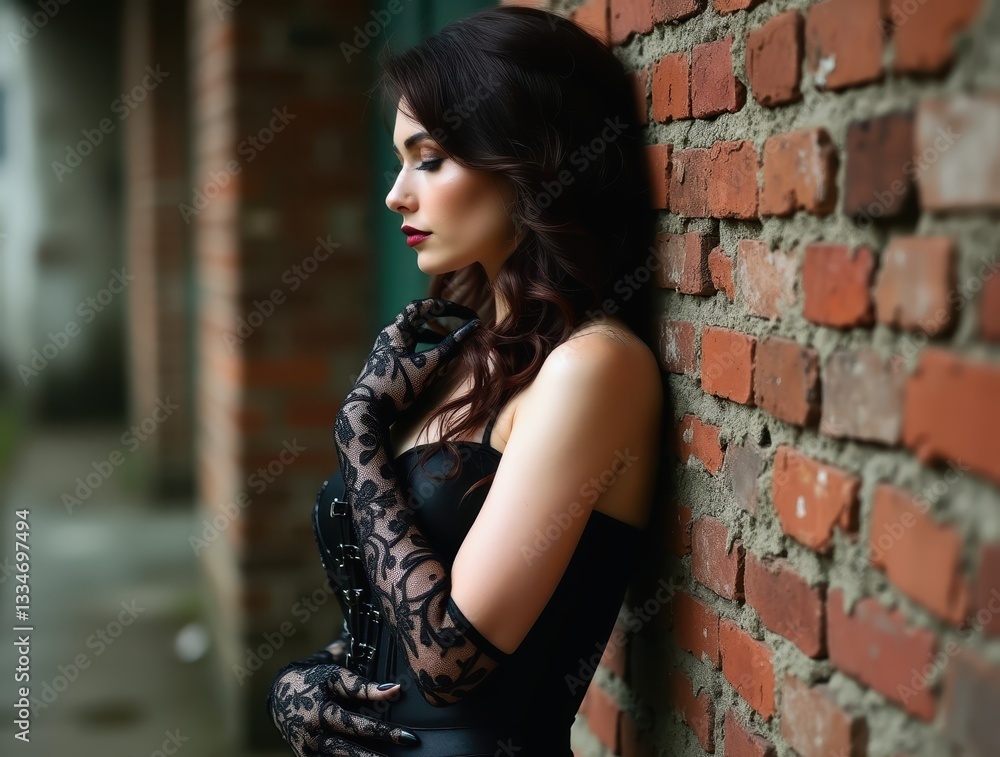 Fototapeta premium Gothic woman wearing corset and lace gloves leaning against brick wall