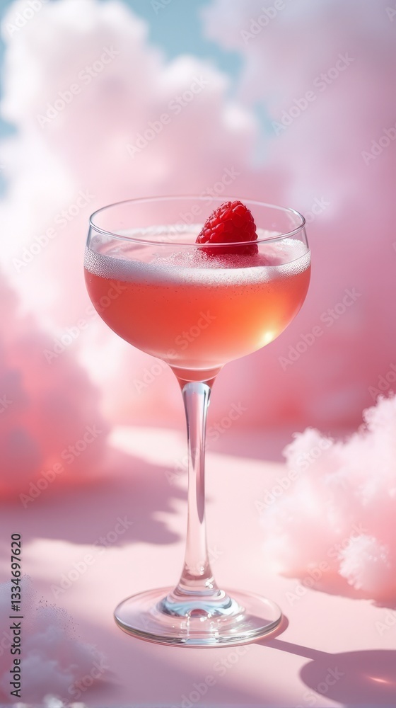 Celebratory Pink Cocktail with Raspberry Garnish Cloud Backdrop Celebratory Pink Cocktail with Raspberry Garnish Cloud Backdrop