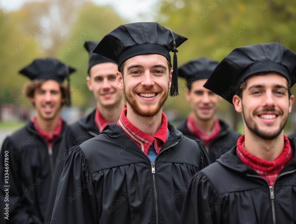 Fototapeta premium Group of happy graduating students wearing gowns and caps smiling