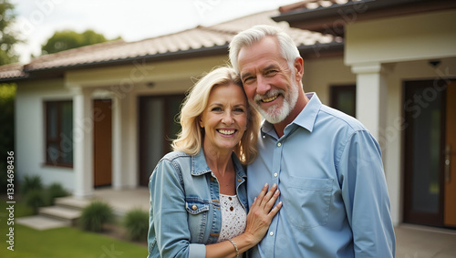 Happy smiling mature older family couple new property buyers modern dream luxury villa owners standing outside house affectionate senior middle aged man and woman in love hugging outdoor portrait. con