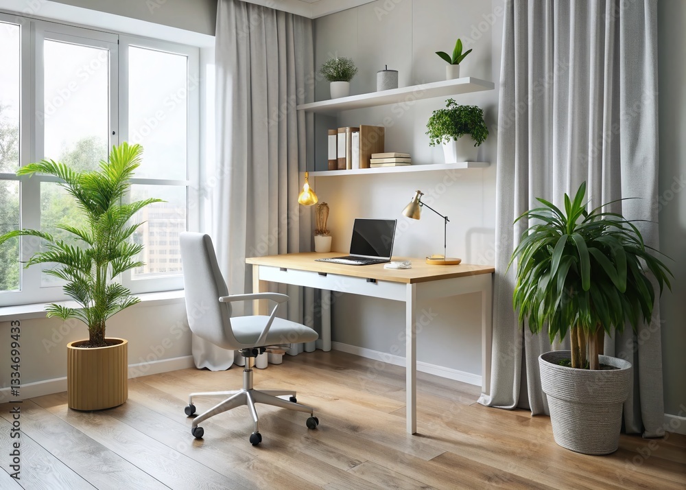 Fototapeta premium Stylish Home Office Workspace: White Table, Computer, Bookshelf, Plant, and Natural Light