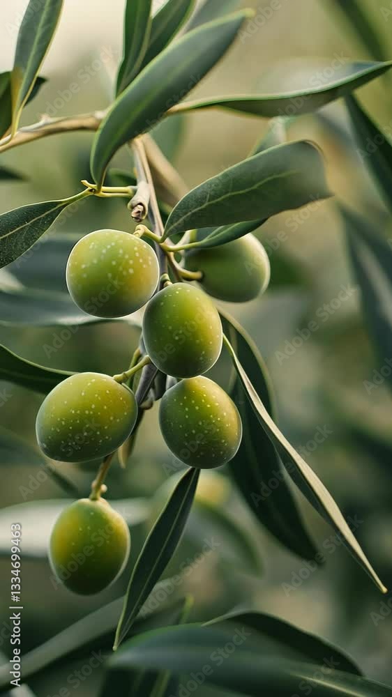 Green olives grow abundantly on a branch in a lush Mediterranean grove during the late summer season Green olives grow abundantly on a branch in a lush Mediterranean grove during the late summer season