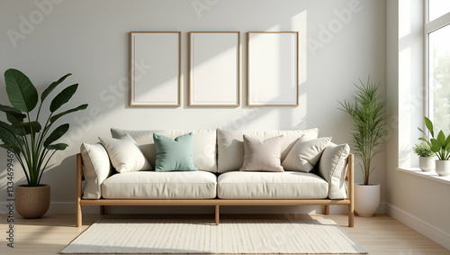 Cozy Living Room Decor: Stylish Furniture, Small Plant Pots, and Picture Frames for a Chic Home Environment - Simple Flat Cute Vector Illustration