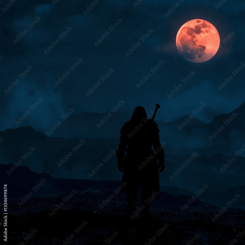 Fototapeta premium lone warrior under red moon in somber landscape