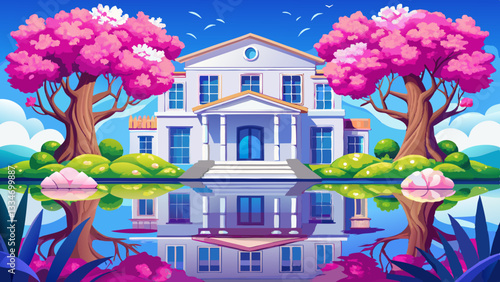 White house with blue shutters and pink flowered tree reflected in water