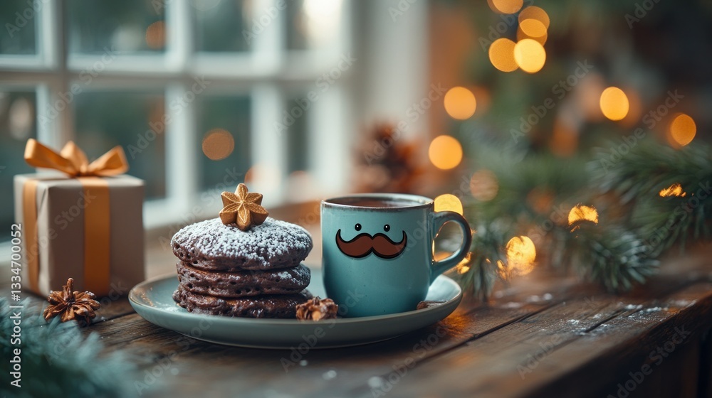 Fototapeta premium Cozy Christmas scene cocoa, cookies, gift, lights