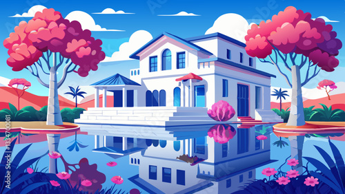 White house with blue shutters and pink flowered tree reflected in water