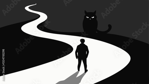 Ominous Black Cat A silhouette of a black cat crossing a path with a person standing frozen in fear symbolizing the irrational fears tied to superstitions and their emotional