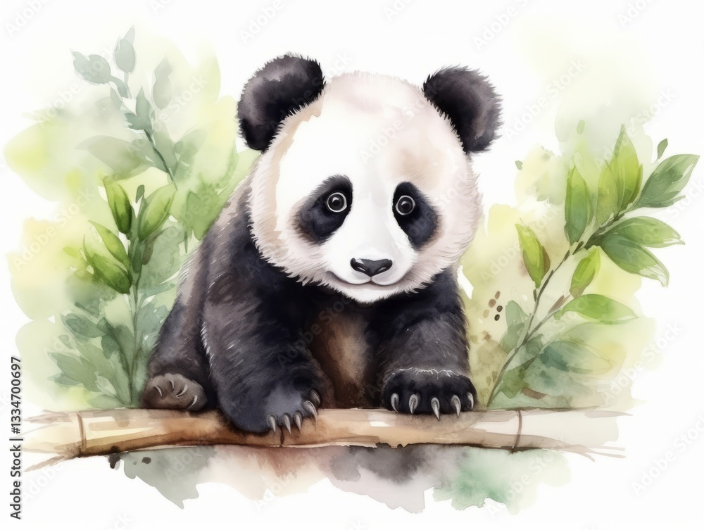 Naklejka premium Minimalistic Watercolor Illustration of a Panda with Border Drawing in Watercolor and Graphic Elements