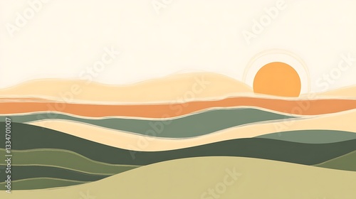 Abstract landscape painting depicts rolling hills and a setting sun