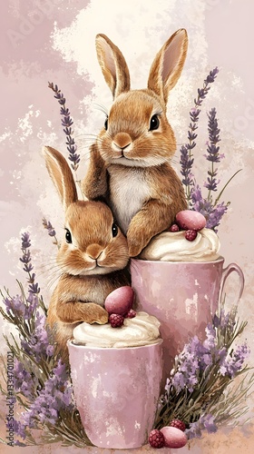 Sweet Bunny Brew: Two adorable bunnies nestled amidst a lavender field and cozy cups. Enjoy a moment of pure delight with this charming illustration, perfect for creating a warm, inviting atmosphere.