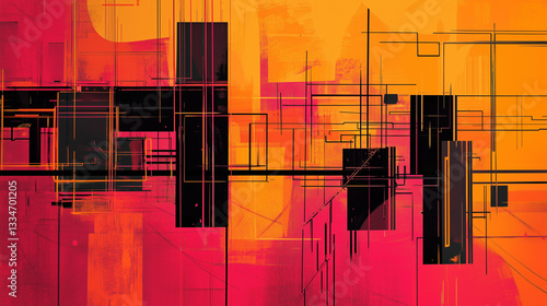 Abstract Urban Landscape: Digital Composition of Lines and Geometric Shapes that Evoke Movement, Energy and Futurism in a Minimalist Setting – Generative AI