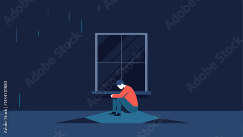 Lonely Room An empty room with a single window showing rain outside and a person sitting on the floor with their head resting on their knees symbolizing isolation.