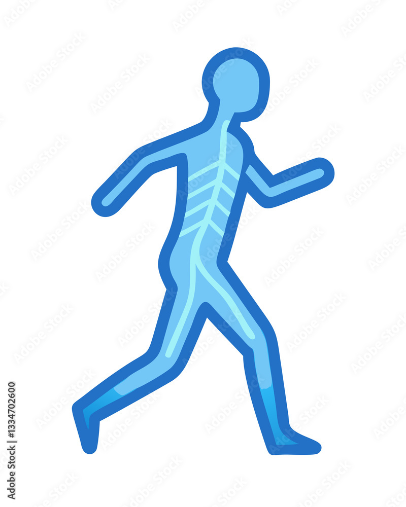 A semi transparent blue human figure in a running pose, featuring rib like structures and a skeletal outline, set against a solid black background. A semi transparent blue human figure in a running pose, featuring rib like structures and a skeletal outline, set against a solid black background.