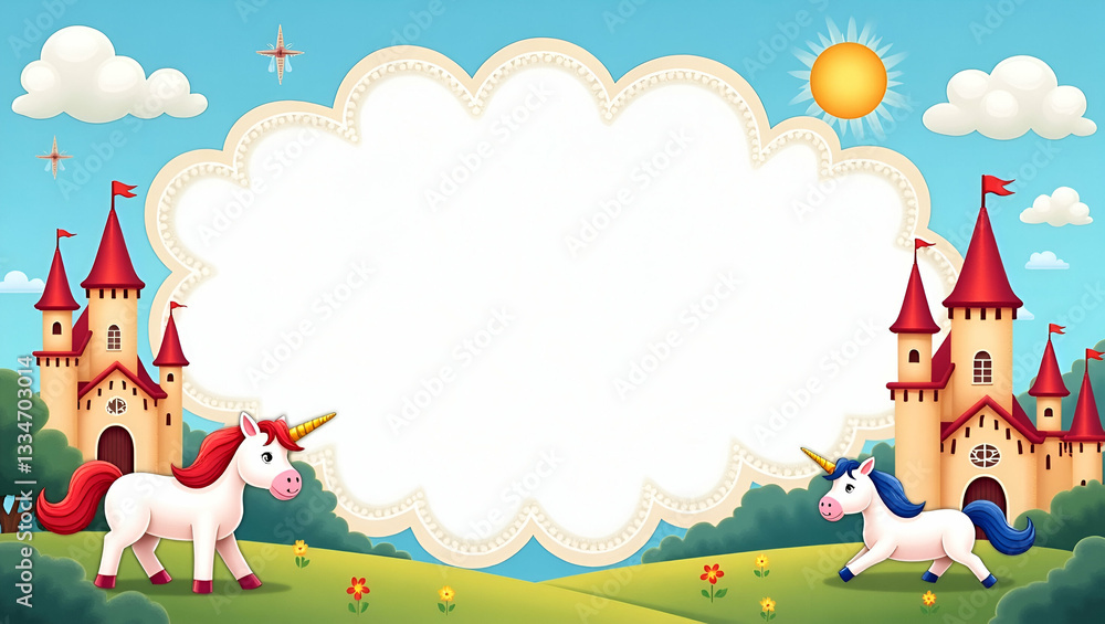 Obraz premium Whimsical International Children's Book Day Frame: Enchanting Fairy Tale Castles and Unicorns with Space for Text - Perfect Photo Stock Concept for Magical Storytelling!