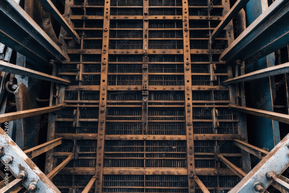Intricate view of rusted metal beams and grid structure in an industrial setting, highlighting textures and shadows under natural light Intricate view of rusted metal beams and grid structure in an industrial setting, highlighting textures and shadows under natural light