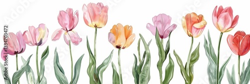 Wallpaper Mural Elegant watercolor painting featuring a vibrant collection of tulips in various pastel shades, adorned with lush green leaves on a white background Torontodigital.ca