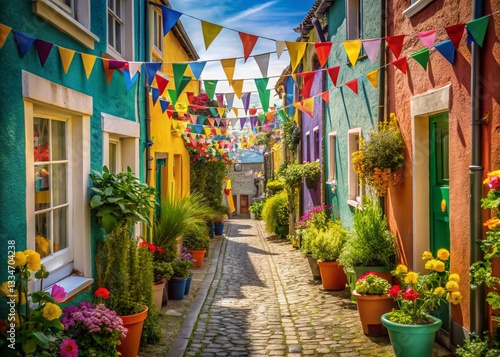 Sunny Alleyway with Colorful Houses and Vibrant Bunting - Stock Photo