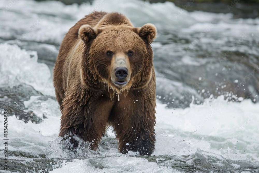 Grizzly Bear Standing Firm in River Current Symbolizing Resilience in Financial Markets Grizzly Bear Standing Firm in River Current Symbolizing Resilience in Financial Markets