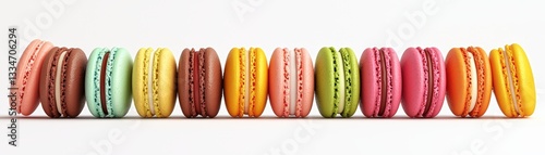 Vibrant assortment of colorful macarons lined up neatly, showcasing a delightful range of flavors and a perfect sweet treat.