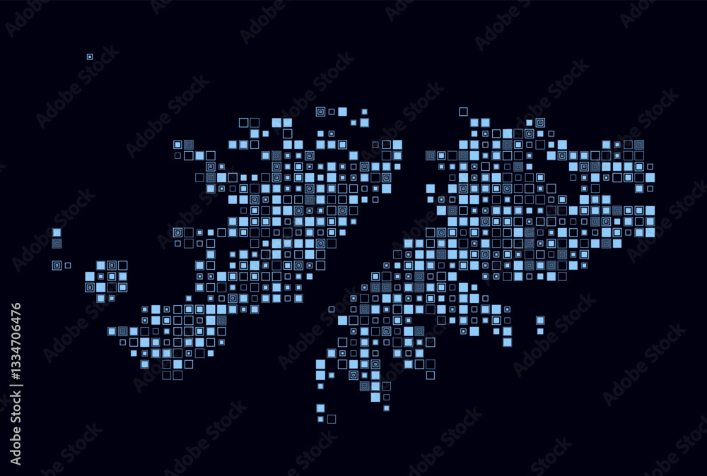 Fototapeta premium Falkland Islands, shape of the country built of colored cells. Digital style map of the Falkland Islands on a dark background. Small square blocks. Classy vector illustration.