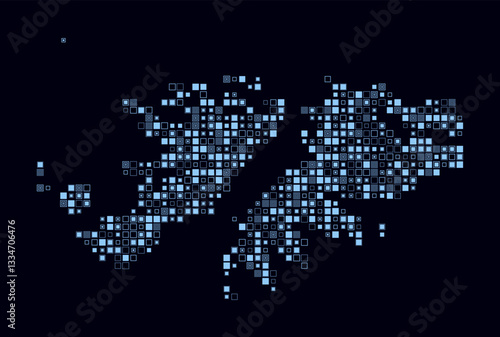 Falkland Islands, shape of the country built of colored cells. Digital style map of the Falkland Islands on a dark background. Small square blocks. Classy vector illustration.