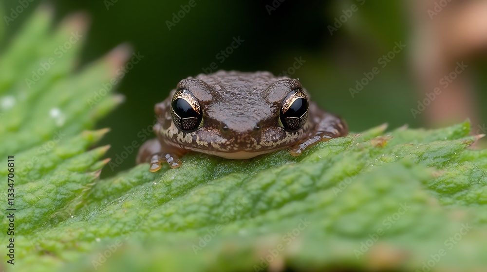 Naklejka premium Tiny brown frog perched on green leaf.