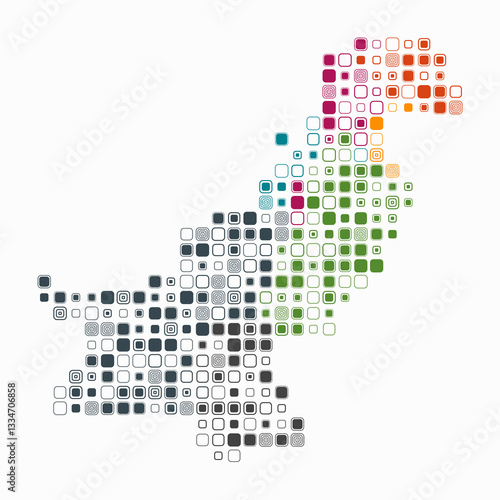 Pakistan, shape of the country built of colored cells. Digital style map of Pakistan on a white background. Large size rounded square blocks. Modern vector illustration.